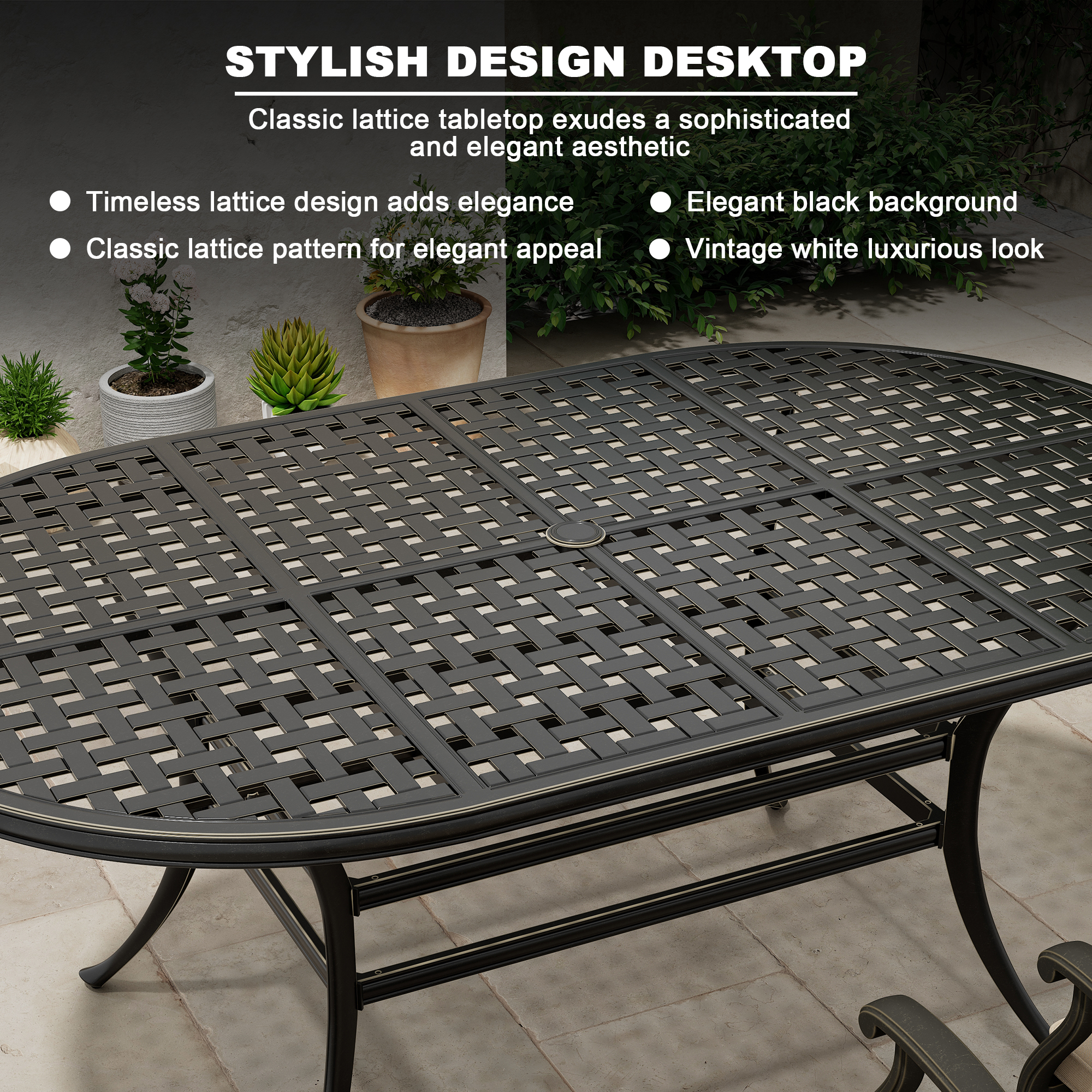 72" W x 30" L Outdoor Dining Table Cast Aluminum Classic Lattice Elliptical Shape Patio Table with Umbrella Hole