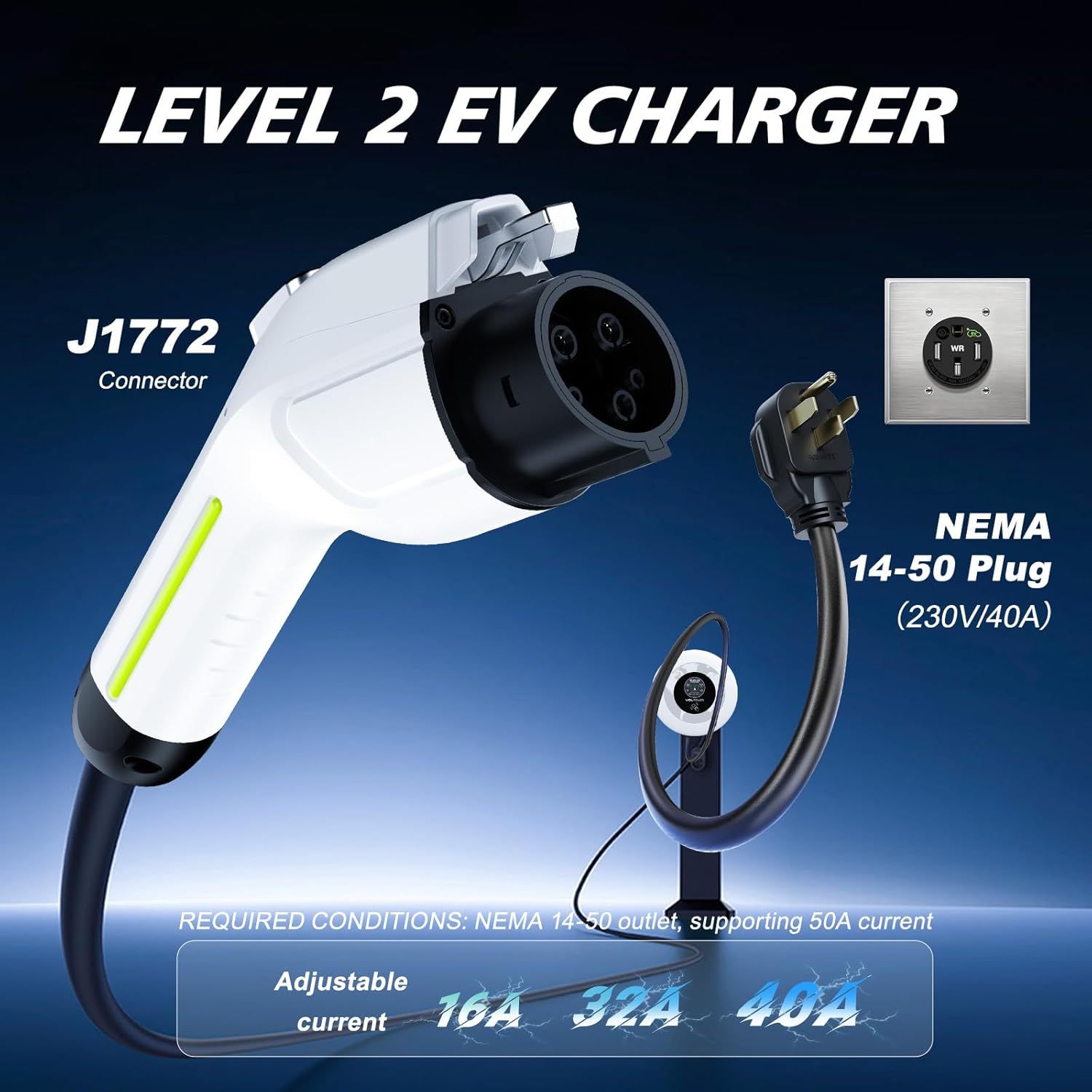 Level 2 Electric Vehicle Charging Station, 40A , 9.6kW Output, 240 VAC, 27.3ft Charging Cable with NEMA 14-50 Plug-WiFi & APP Enabled | VDLPOWER 