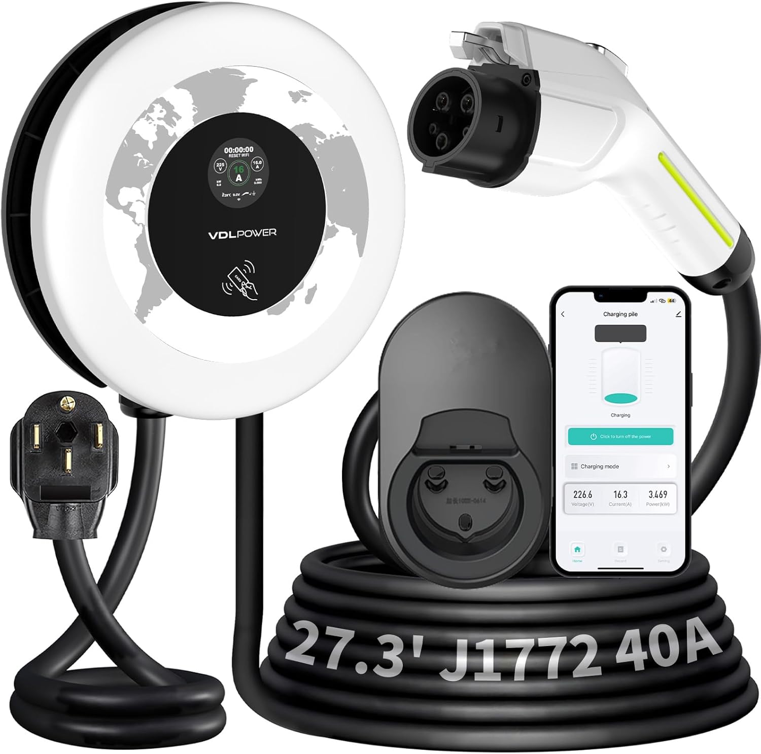 Level 2 Electric Vehicle Charging Station, 40A , 9.6kW Output, 240 VAC, 27.3ft Charging Cable with NEMA 14-50 Plug-WiFi & APP Enabled | VDLPOWER 