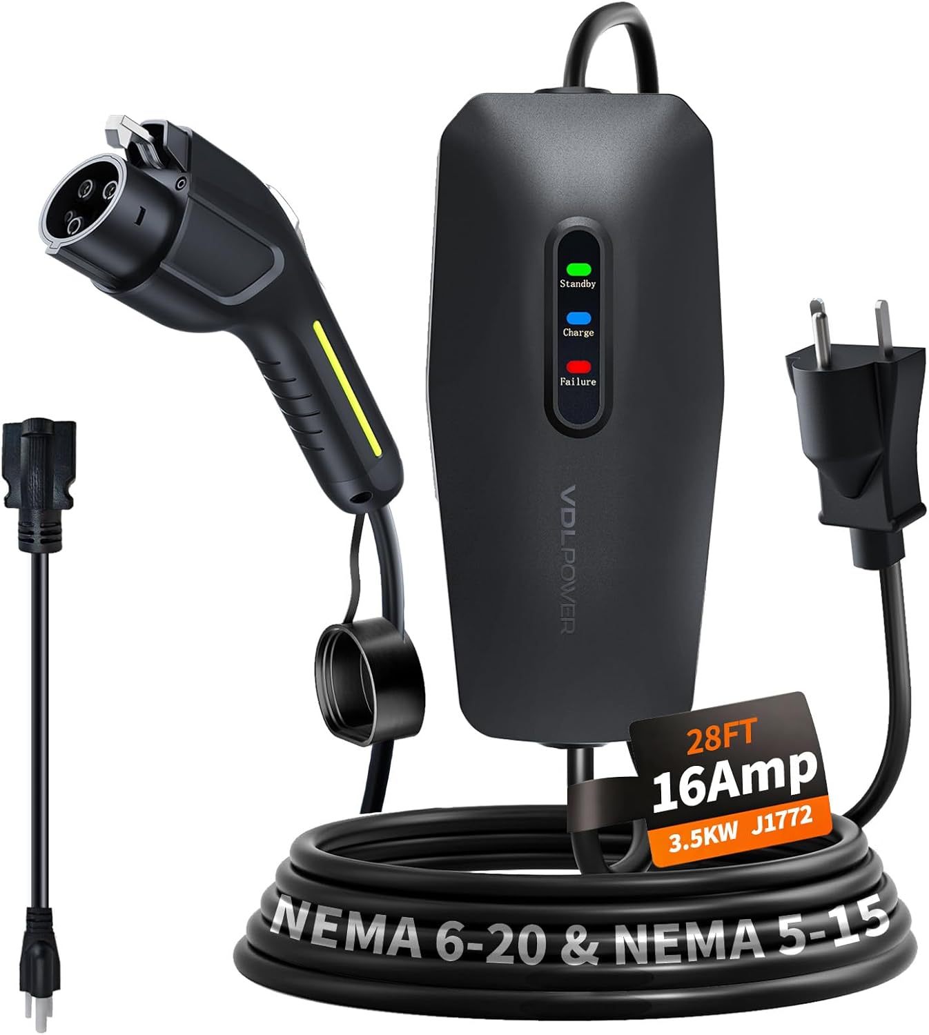 Level 1& 2 EV Charger, Electric Vehicle Portable Charger with 20FT Cable, 3.5KW 16Amp Home EV Car Charging Station, 110V-240V NEMA 6-20 & NEMA 5-15 Plug Adapter, for All SAE J1772  | VDLPOWER EC10