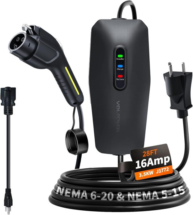 Level 1& 2 EV Charger, Electric Vehicle Portable Charger with 20FT Cable, 3.5KW 16Amp Home EV Car Charging Station, 110V-240V NEMA 6-20 & NEMA 5-15 Plug Adapter, for All SAE J1772  | VDLPOWER EC10