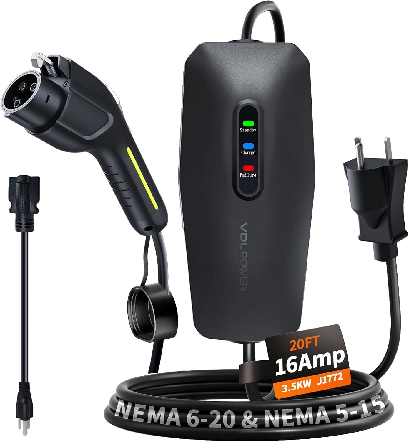 Level 1& 2 EV Charger, Electric Vehicle Portable Charger with 20FT Cable, 3.5KW , NEMA 6-20 & NEMA 5-15 Plug Adapter, for All SAE J1772