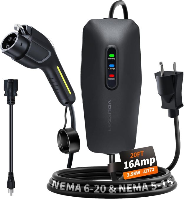 Level 1& 2 EV Charger, Electric Vehicle Portable Charger with 20FT Cable, 3.5KW 16Amp Home EV Car Charging Station, 110V-240V NEMA 6-20 & NEMA 5-15 Plug Adapter, for All SAE J1772  | VDLPOWER EC10