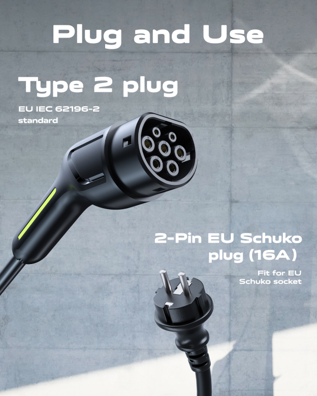 3.6kW EV Charger 8M | Type 2 Portable EV Charger | 6A-16A Adjustable | EU Plug UK Plug