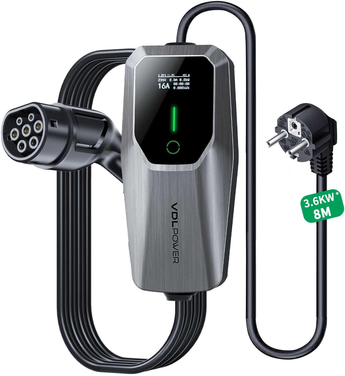 3.6kW EV Charger 8M | Type 2 Portable EV Charger | 6A-16A Adjustable | EU Plug UK Plug