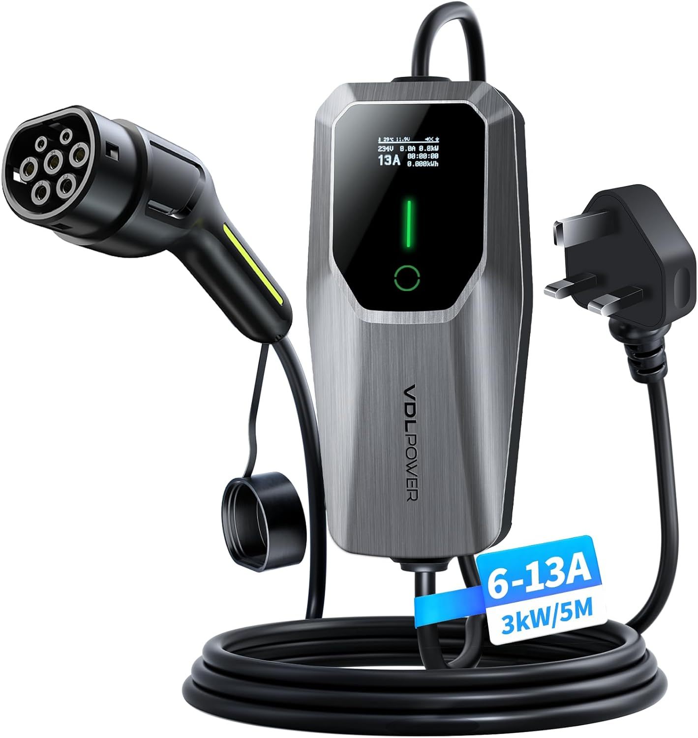 EV Charger 3kw, 6A/8A/10A/13A Variable, 3Pin Home Electric Car Charger Cable Type 2, 5 Metres Single-phase Charger | EC11 UK