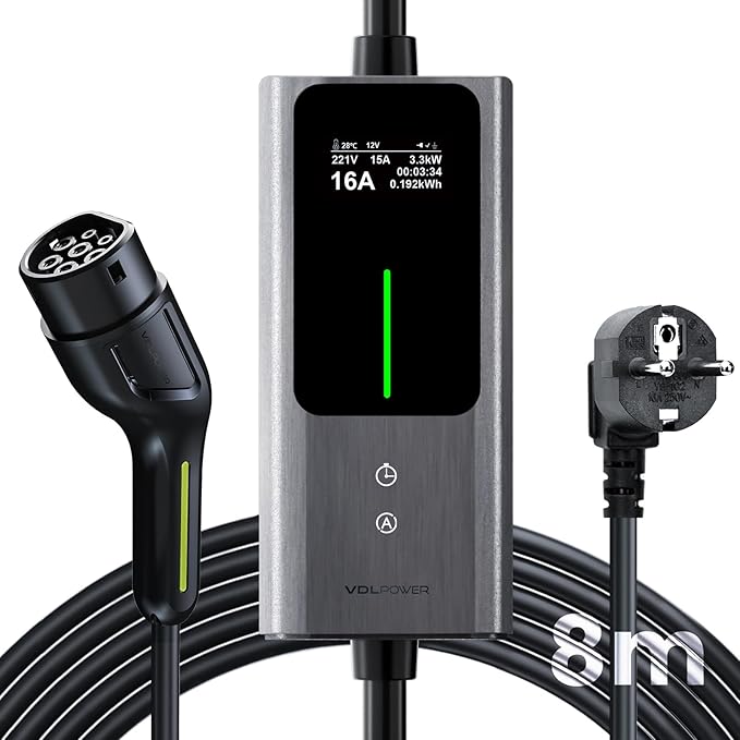 Type 2 Charging Cable Schuko, 3.6 KW Charging Cable Car 6/8/10/13/16A, 5M EV Charger Type 2 with LCD Digital Display | VDLPOWER EC12