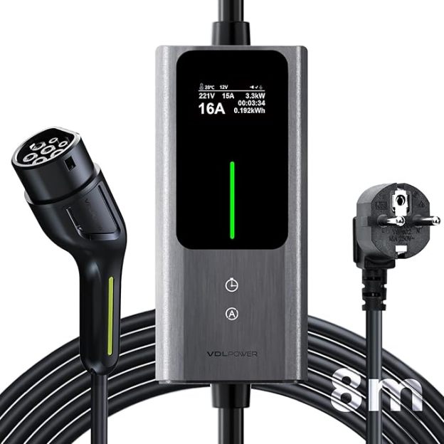 Type 2 Charging Cable Schuko, 3.6 KW Charging Cable Car 6/8/10/13/16A, 5M EV Charger Type 2 with LCD Digital Display | VDLPOWER EC12