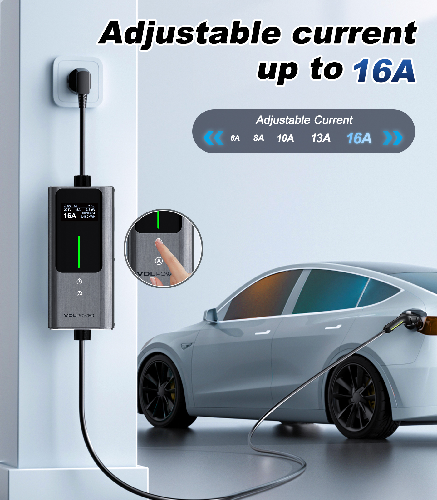 Type 2 Charging Cable Schuko, 3.6 KW Charging Cable Car 6/8/10/13/16A, 5.5 m EV Charger Type 2 with LCD Digital Display | VDLPOWER EC12