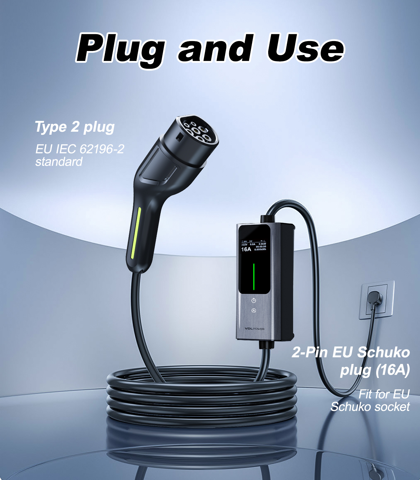 Type 2 Charging Cable Schuko, 3.6 KW Charging Cable Car 6/8/10/13/16A, 5.5 m EV Charger Type 2 with LCD Digital Display | VDLPOWER EC12
