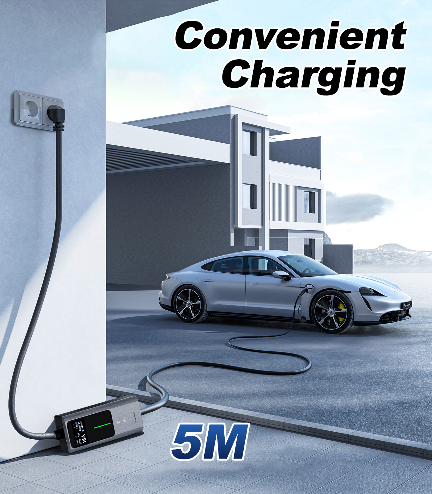 Type 2 Charging Cable Schuko, 3.6 KW Charging Cable Car 6/8/10/13/16A, 5.5 m EV Charger Type 2 with LCD Digital Display | VDLPOWER EC12
