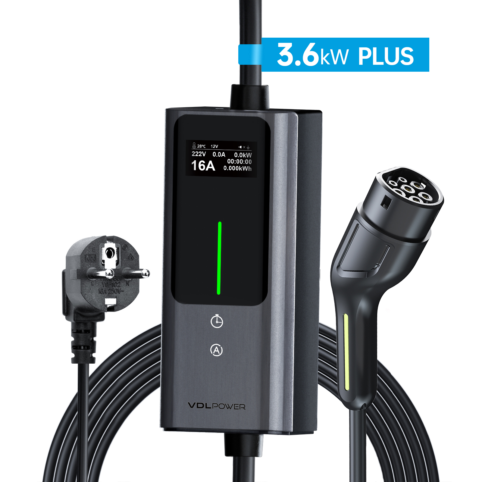 Type 2 Charging Cable Schuko, 3.6 KW Charging Cable Car 6/8/10/13/16A, 5M EV Charger Type 2 with LCD Digital Display | VDLPOWER EC12
