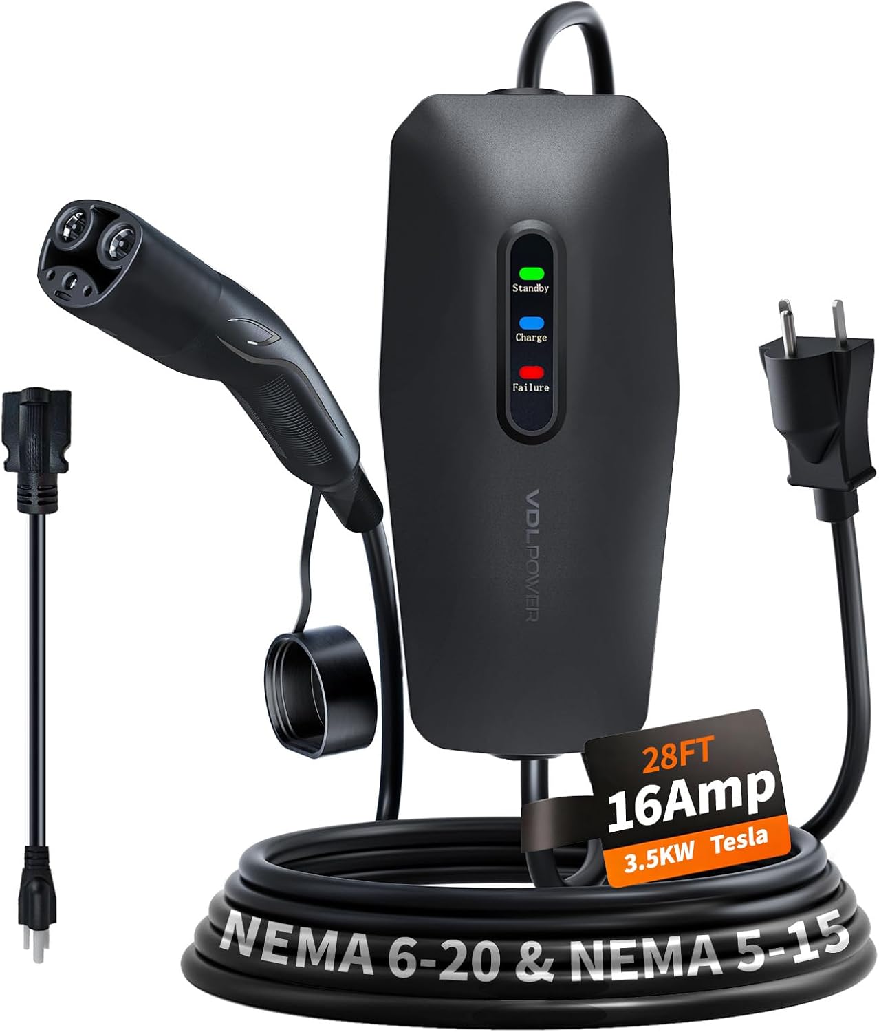 Level 1/2 EV Charger for Tesla 16Amp, Electric Vehicle Portable Charger with 20FT Cable, 3.5KW Home EV Charging Station for J1772 Electric Cars,110V-240V, NEMA 6-20 & NEMA 5-15 Plug  | VDLPOWER EC13