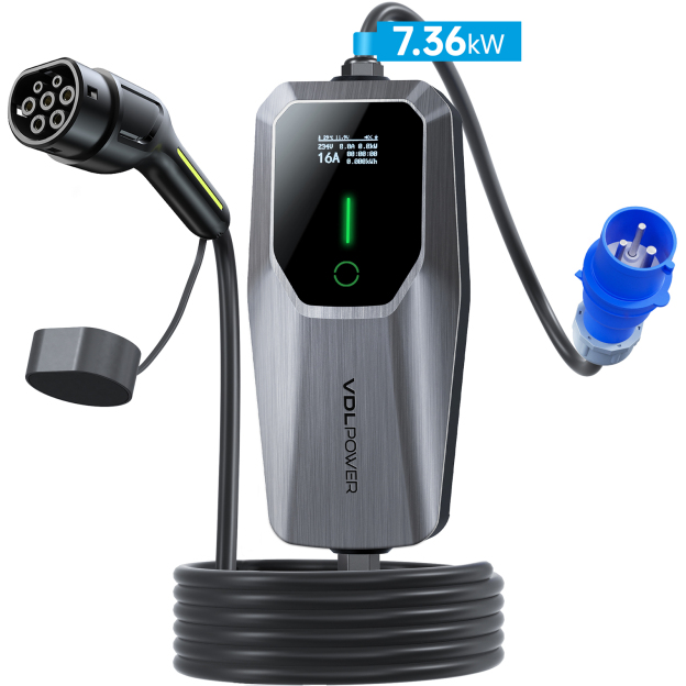 EV Charger 7.36kW, 6A/8A/10A/13A/16A/20A/24A/32A Variable, Home EV Charger Cable,5M Single Phase EV Charger Type 2, with CEE 3 Pin Charger with LED Display, IP65 | VDLPOWER EC21