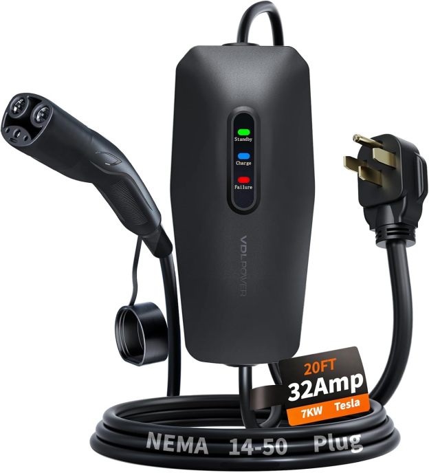 Level 2 EV Charger for Tesla 32Amp, 7KW Electric Vehicle Portable Charger with 20FT Cable, Home EV Charging Station for Tesla, 240V NEMA 14-50 Plug | VDLPOWER EC23