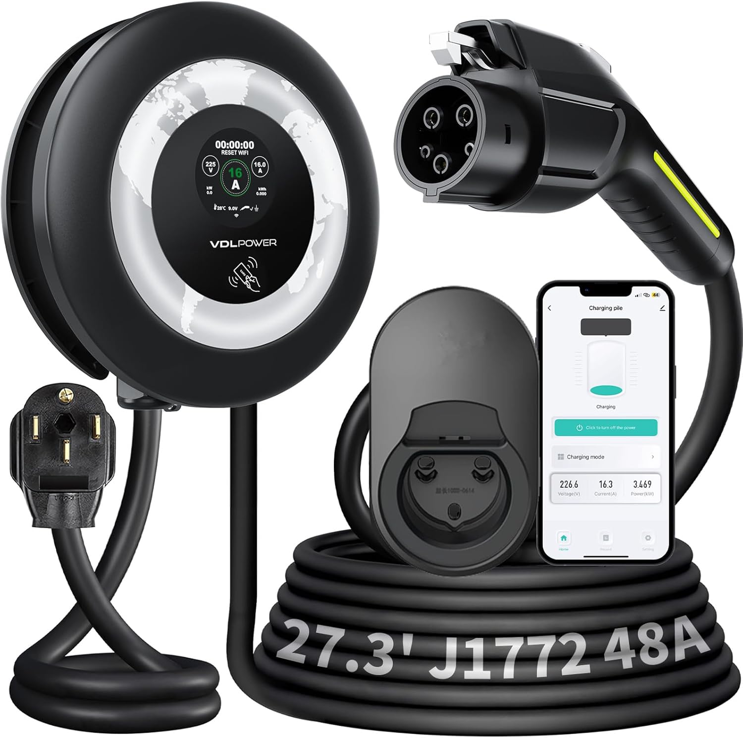 EV Charger Level 2 | 11.5kW Home Electric Vehicle Charging Station, 27.3ft Charging Cable with Smart App, 240V Wall EV Charger with NEMA 14-50,WiFi Enabled, EVSE J1172 Connector EC51