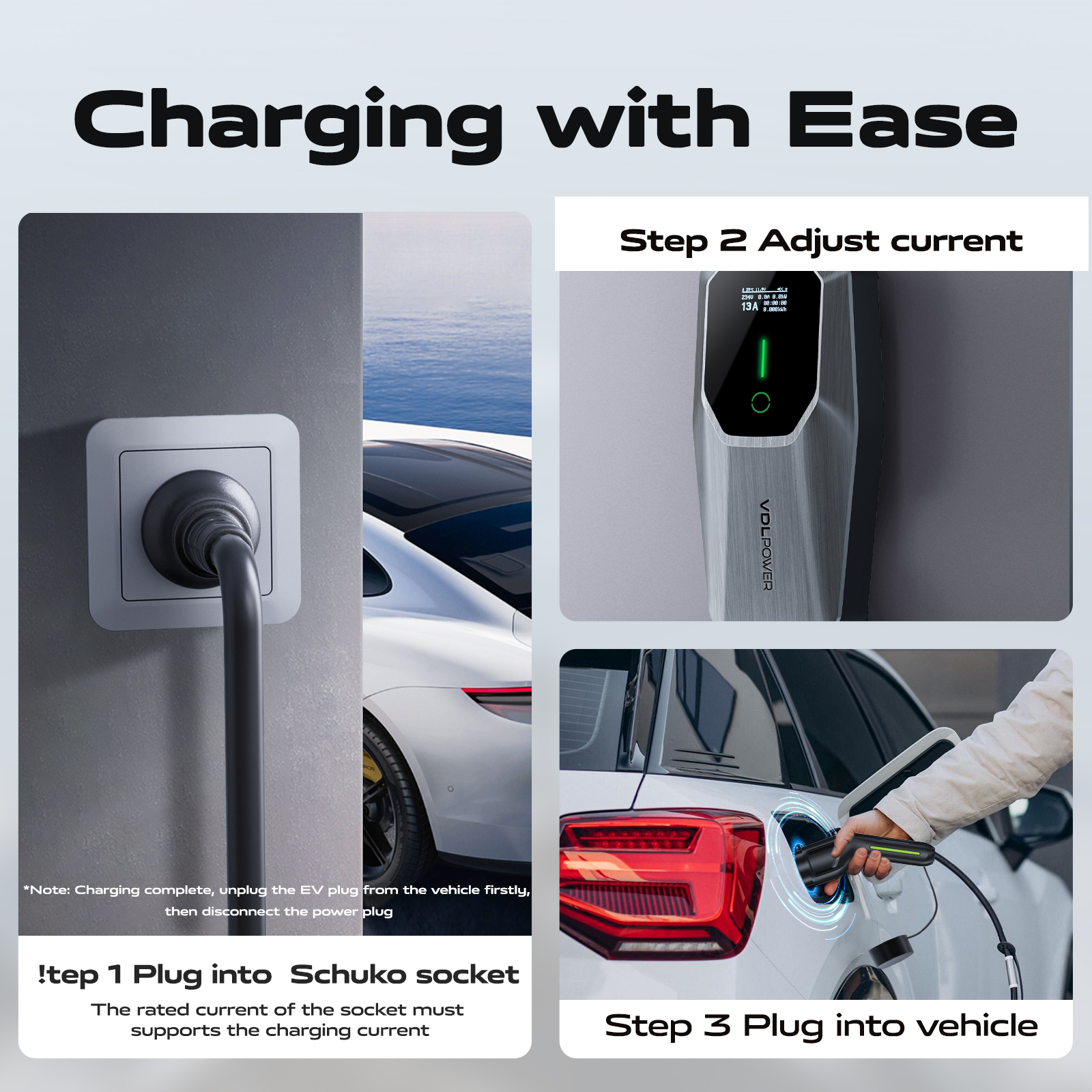 EV Charger 3kw, 6A/8A/10A/13A Variable, 3Pin Home Electric Car Charger Cable Type 2, 5 Metres Single-phase Charger with LED Display, IP65 Waterproof