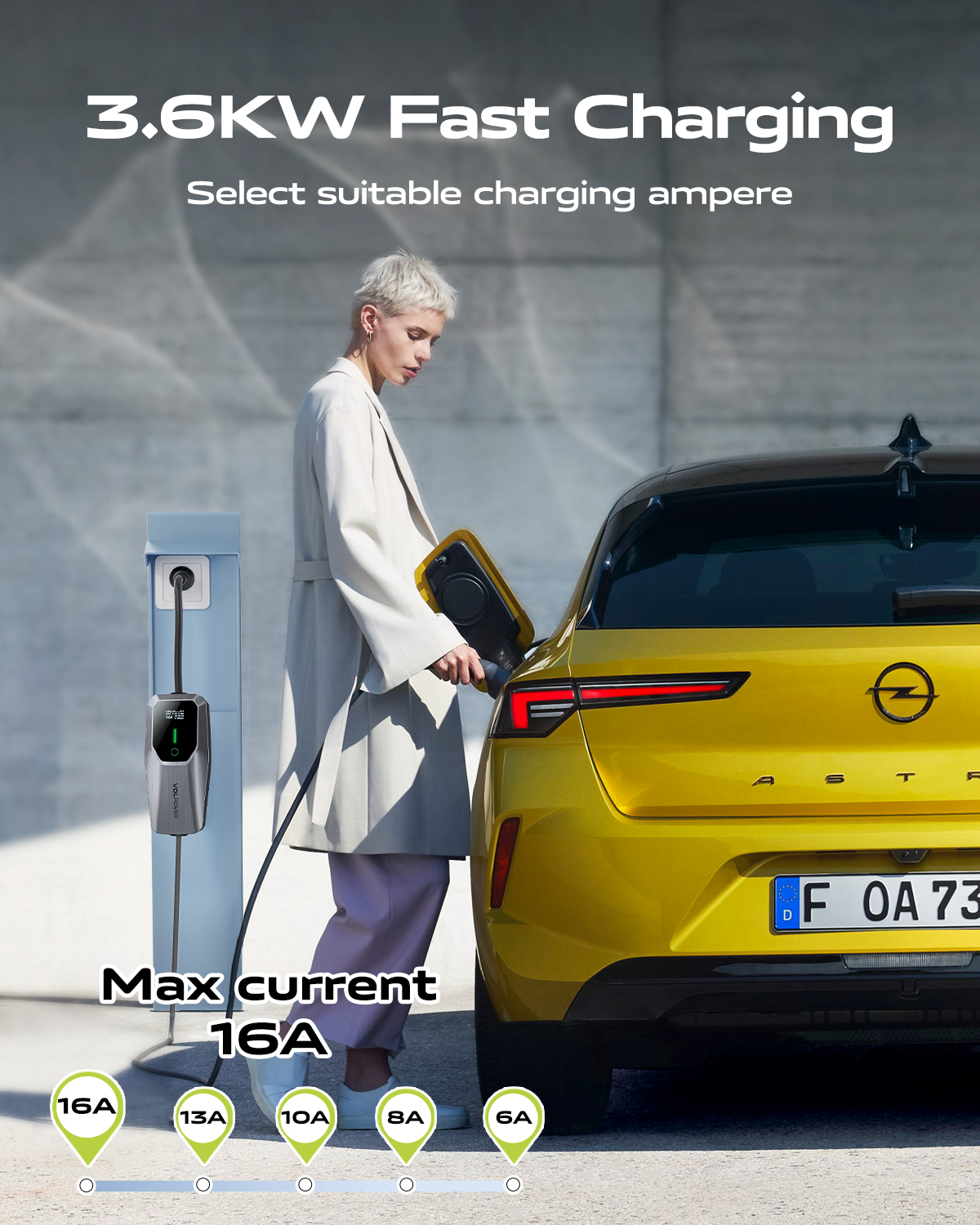 3.6kW EV Charger 8M | Type 2 Portable EV Charger | 6A-16A Adjustable | EU Plug UK Plug