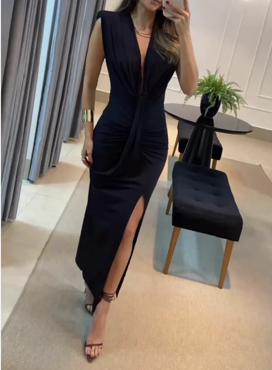 Sexy Black Sleeveless V-Neck Midi Dress
