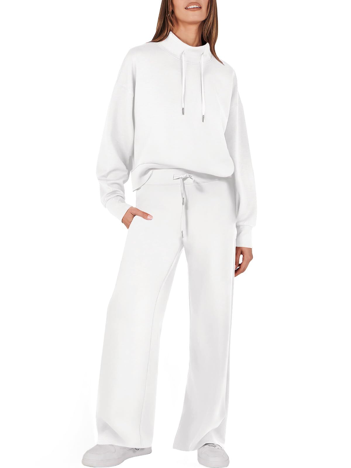 Womens 2 Piece Outfits Sweatsuit Set 2023 Fall Drawstring Sweatshirt Wide Leg Sweatpant Lounge Set Tracksuit