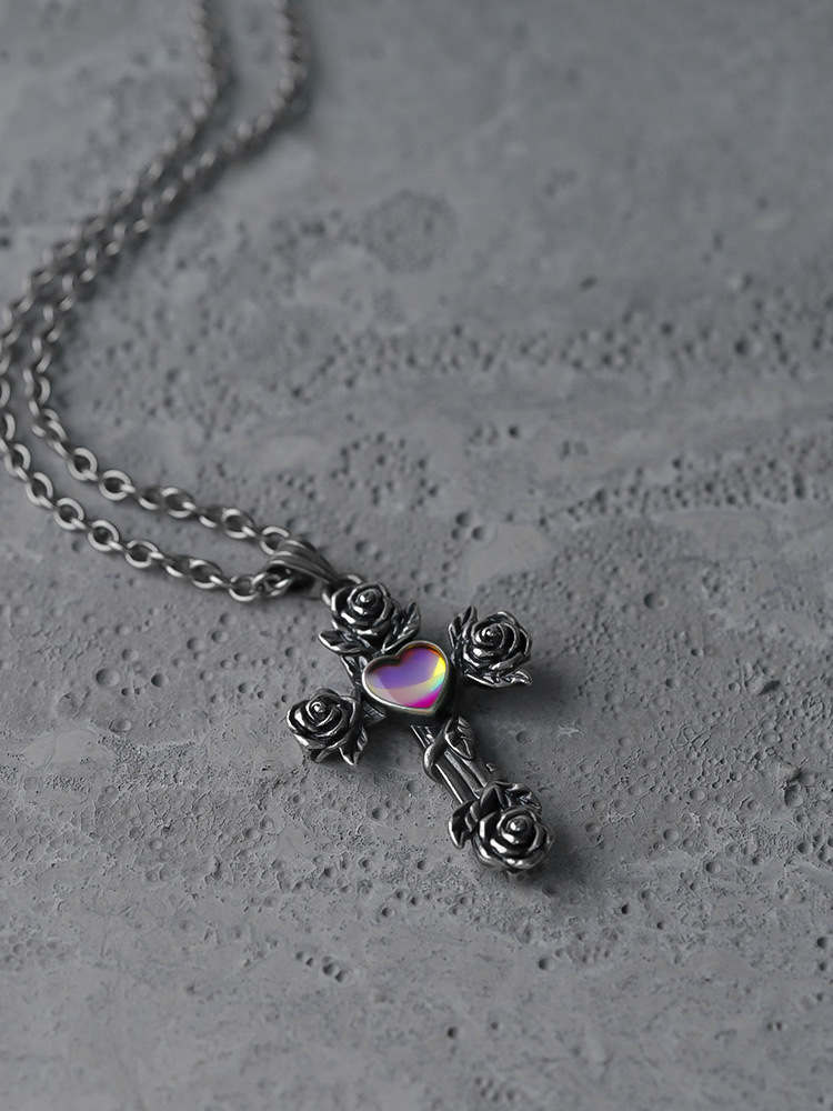 PUNKYOUTH Heart Rose Cross Pendent Necklace