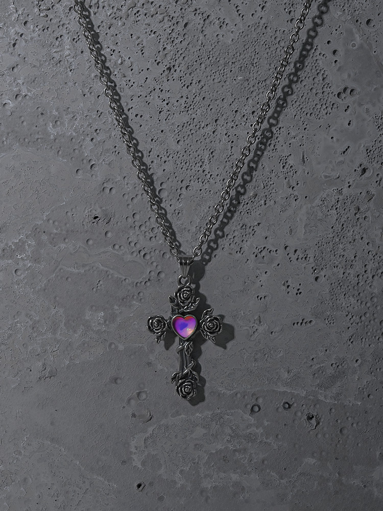 PUNKYOUTH Heart Rose Cross Pendent Necklace