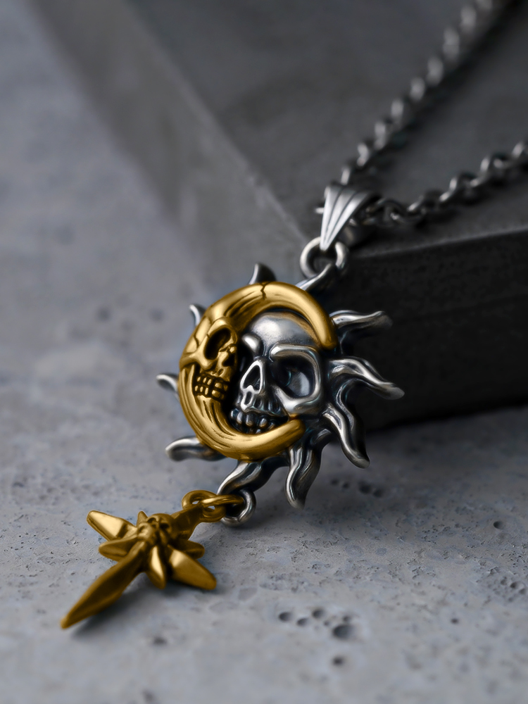 PUNKYOUTH Skull Sun Moon Pendent Necklace