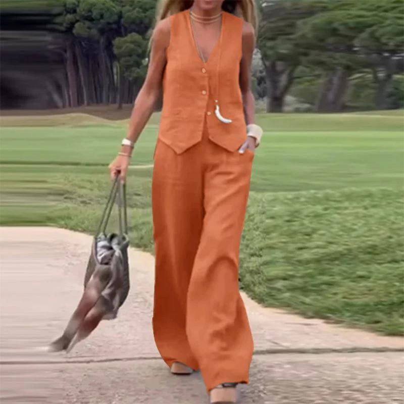 Цветна жилетка с копчета и широк панталон, дамски комплект от две части