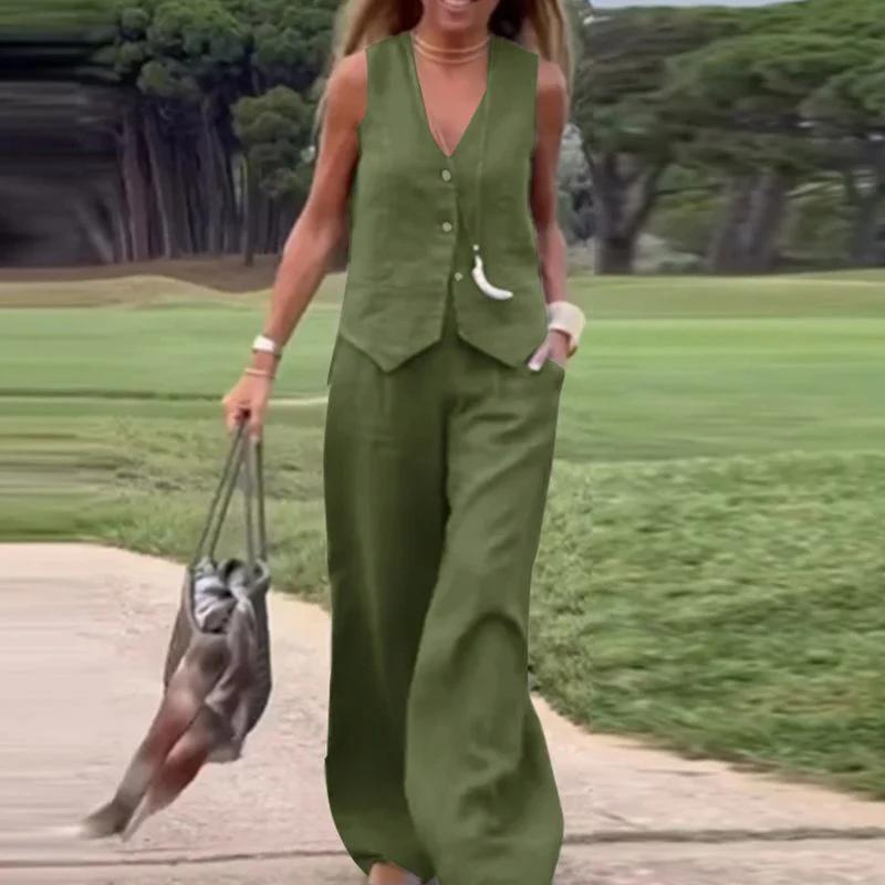 Цветна жилетка с копчета и широк панталон, дамски комплект от две части