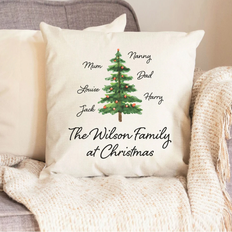 Personalised Family Christmas Tree Linen Effect Cushion