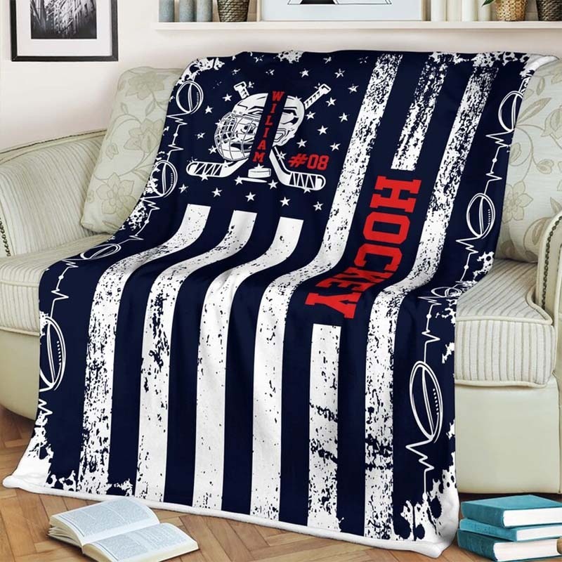 Hockey Blanket Navy Blue American Flag Blanket Custom Vintage Hockey Player Blanket