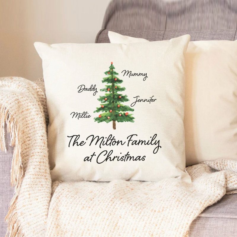 Personalised Family Christmas Tree Linen Effect Cushion
