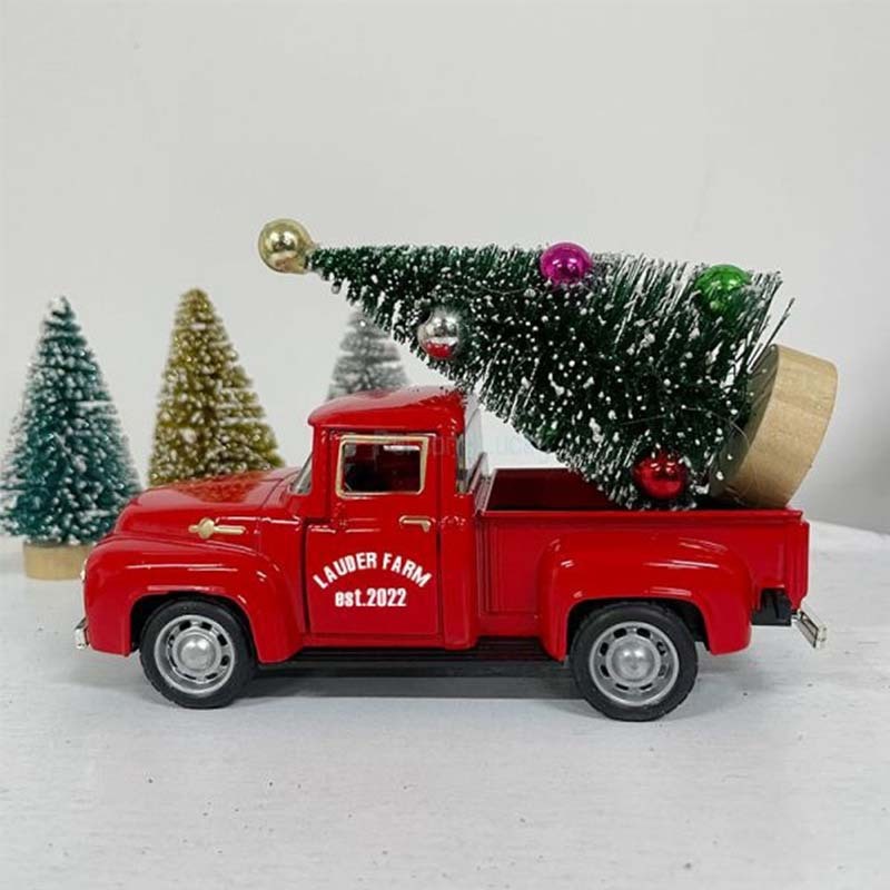 Engraved Red Truck with Christmas Tree Decor Metal Farm Truck