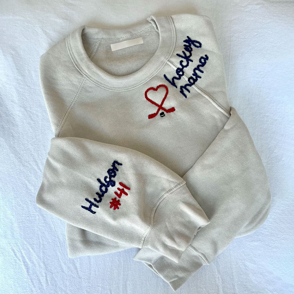 Chain Stitched Hand Embroidery Hockey Mama Sweatshirt