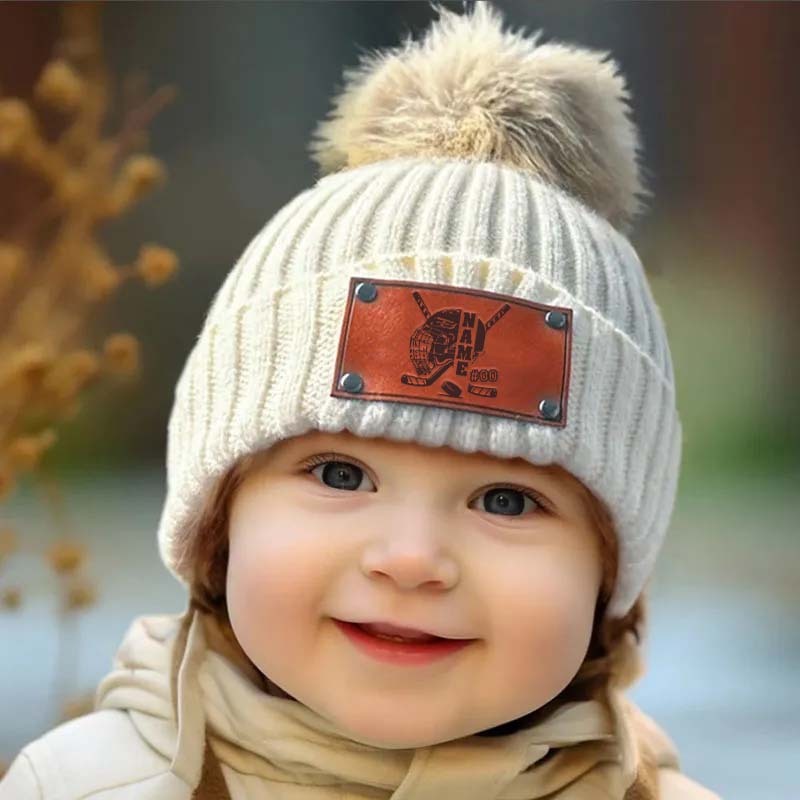 Personalized Leather Patch Knitted Hat for Kids & Adults - Custom Name & Number Beanie