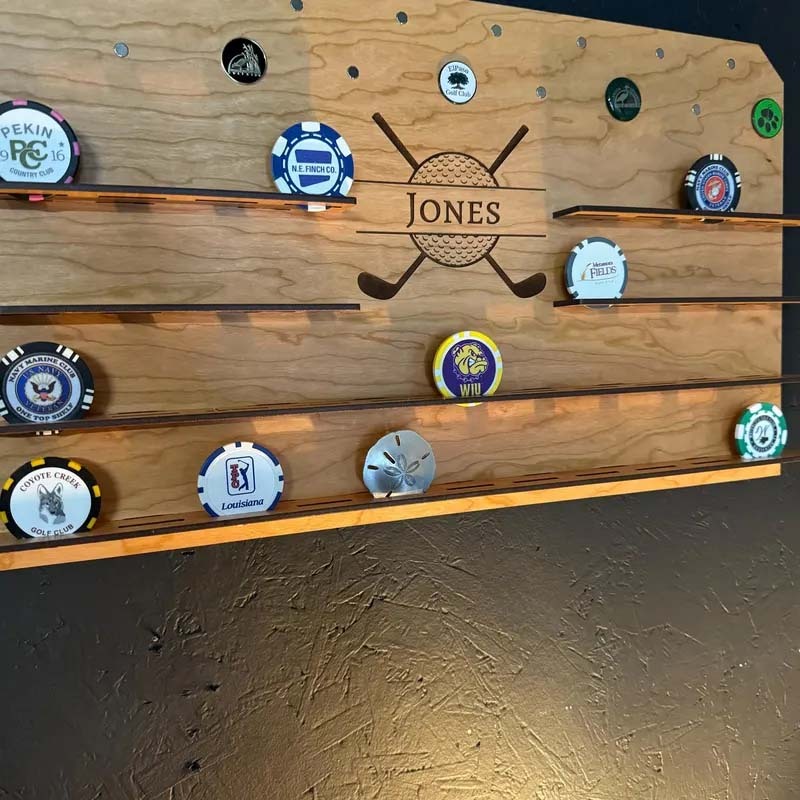 Personalized Wall Golf Ball Marker Display - Poker Chip and Magnetic Display - Unique Golf Gift for Him
