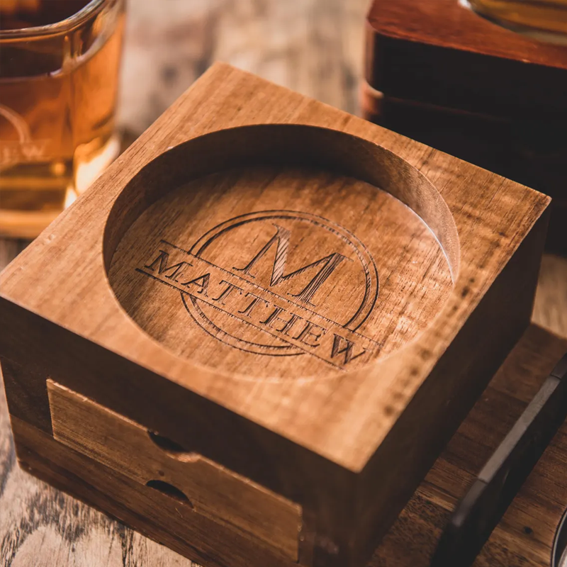 Personalized whiskey glass and wooden cigar ashtray with whiskey glass holder