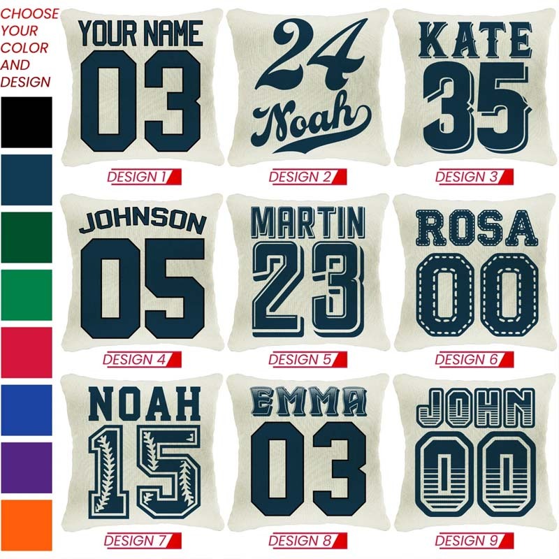 Personalized Sports Throw Pillow Cover Decor w/Number & Name - Baseball Basketball Football Soccer Pillows Case