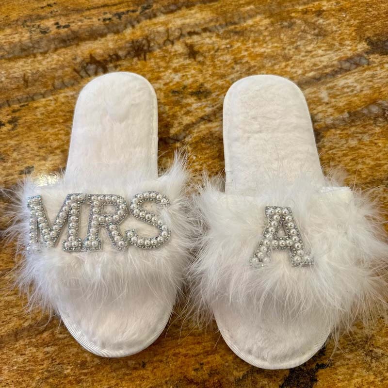 Feather Bride Slippers| I Do Slippeers|Customized Slippers|Peal Rhinestone Slippers