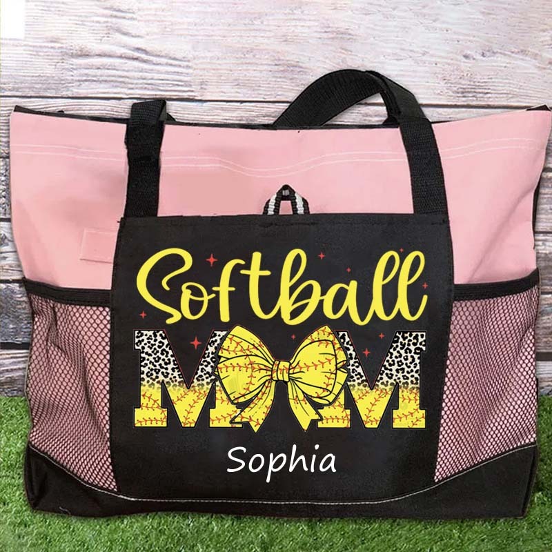 Custom Sport Softball/ Baseball Mom With Bow Tote Bag Game Day Mom Tote Bag