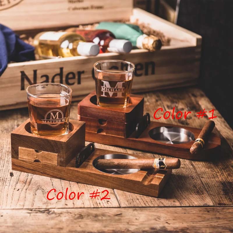Personalized whiskey glass and wooden cigar ashtray with whiskey glass holder