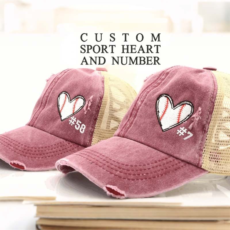 Baseball heart with Custom Number OR any Sports Criss Cross High Ponytail Messy Bun Cap Baseball Mom soccer mom Golf heart Gift Game Day