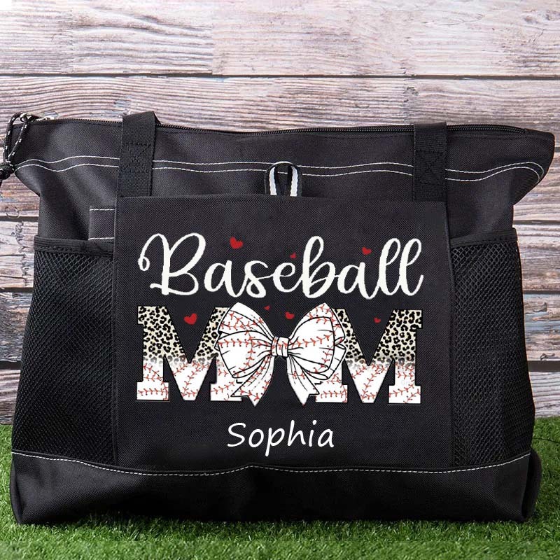 Custom Sport Softball/ Baseball Mom With Bow Tote Bag Game Day Mom Tote Bag