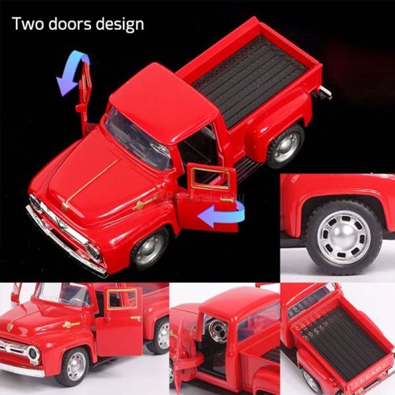 Engraved Red Truck with Christmas Tree Decor Metal Farm Truck