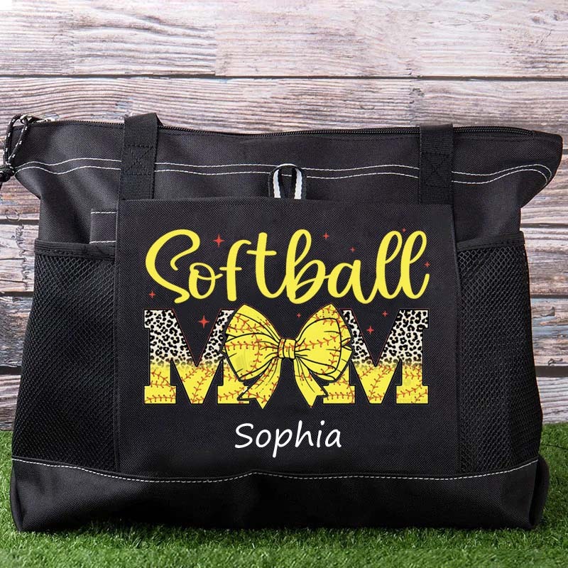 Custom Sport Softball/ Baseball Mom With Bow Tote Bag Game Day Mom Tote Bag