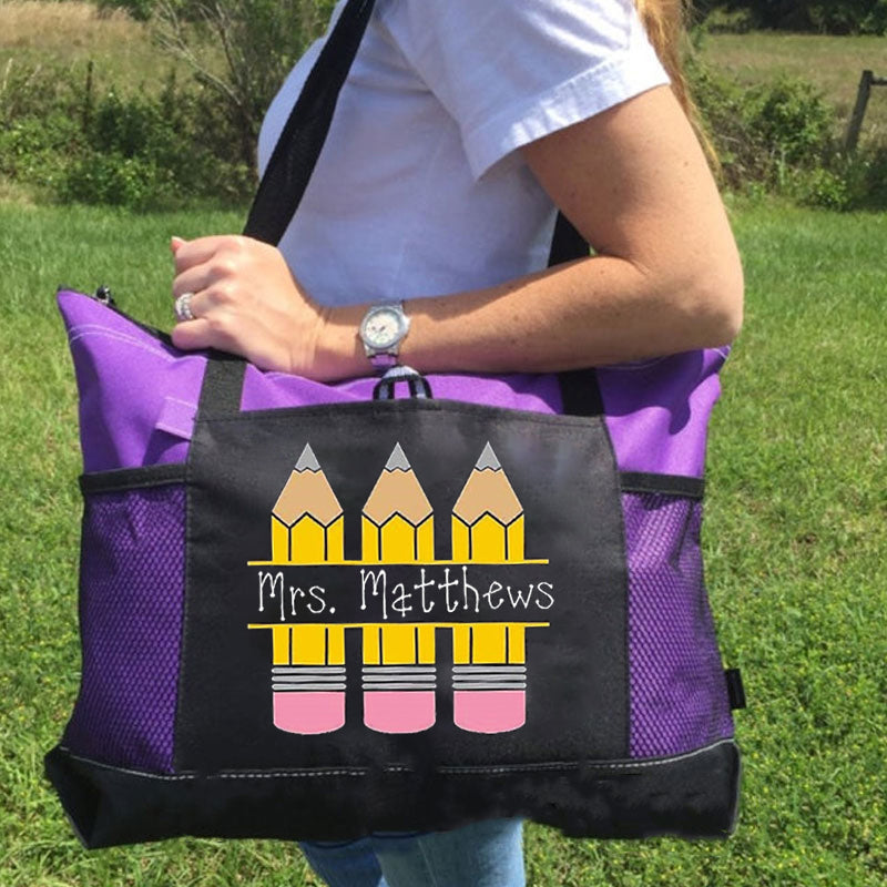 Pencil teacher tote, personalized teacher bag, back to school gift