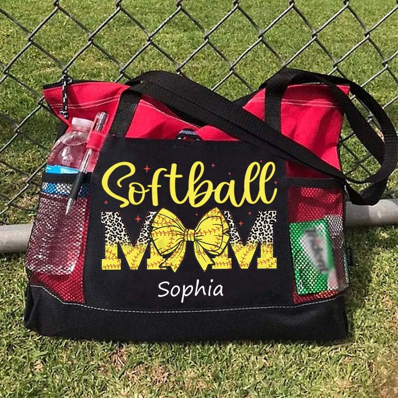 Custom Sport Softball/ Baseball Mom With Bow Tote Bag Game Day Mom Tote Bag