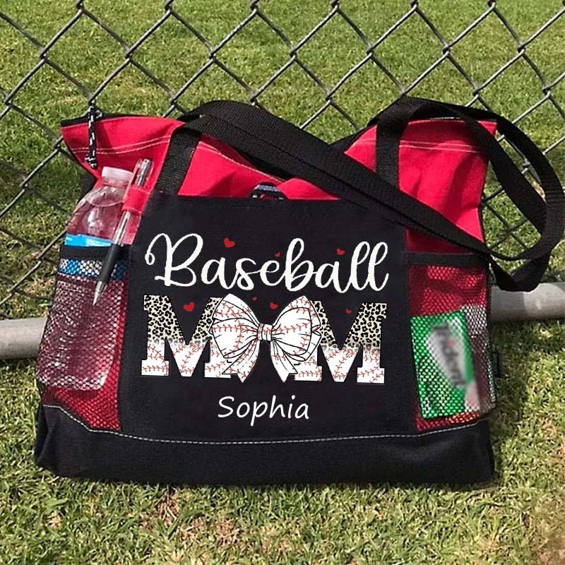 Custom Sport Softball/ Baseball Mom With Bow Tote Bag Game Day Mom Tote Bag