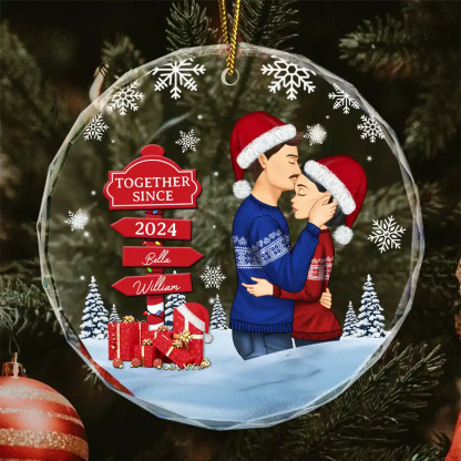 Christmas Couple Kissing Sign - Personalized Circle Glass Ornament