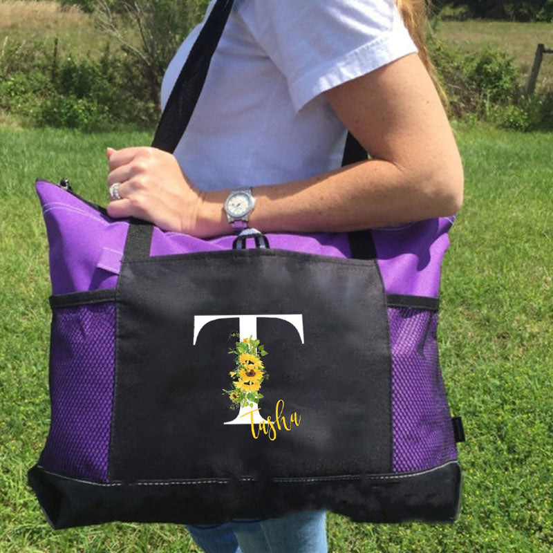 Sunflower Letter with Name Personalized Printed Tote Bag